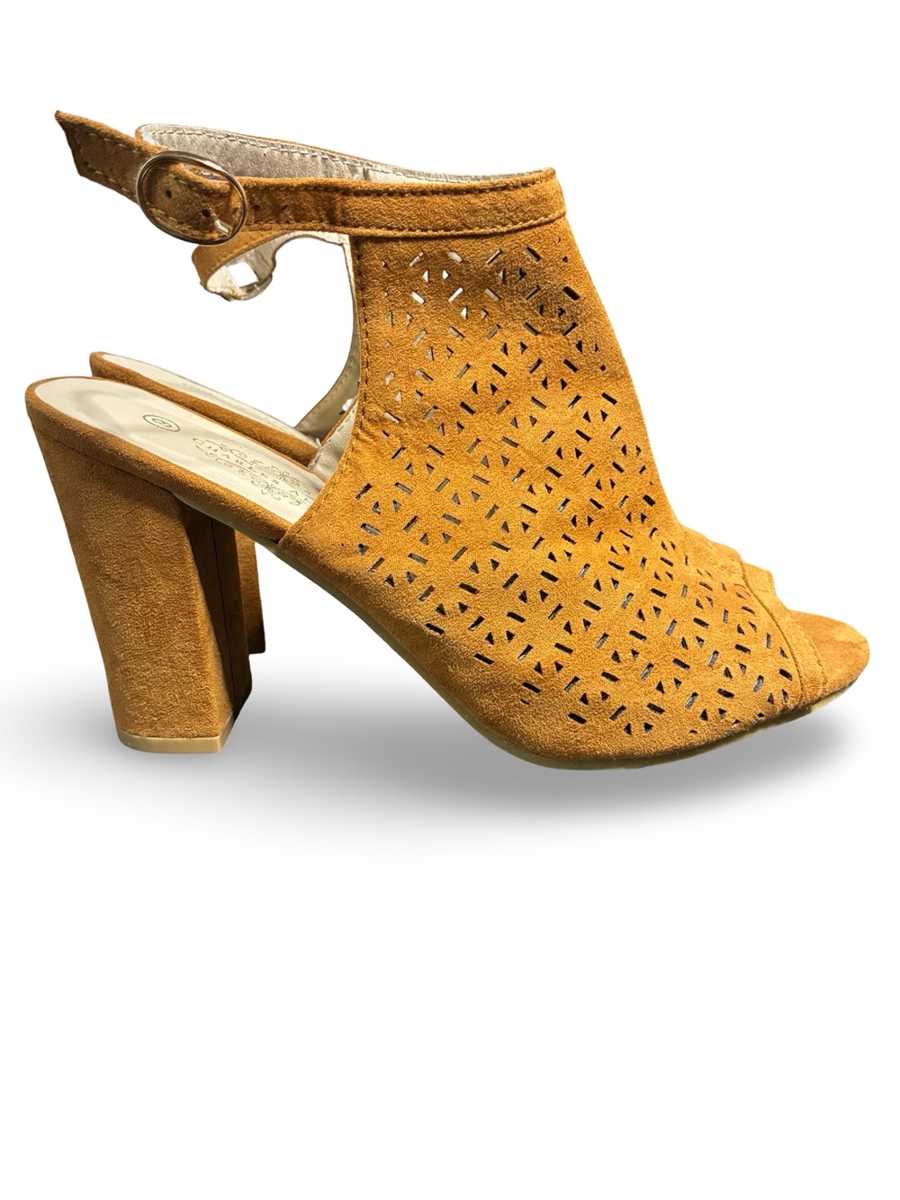 Charles Albert Mustard Suede Laser-Cut Block Heel Sandals